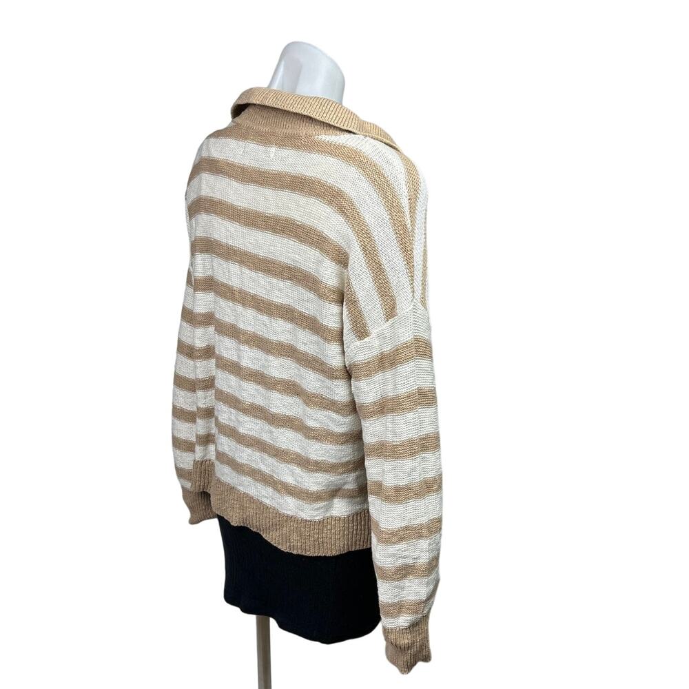 Sonoma Brown Beige Striped Print Cotton Collar Long Sleeve Sweater Top Size M - Picture 3 of 8
